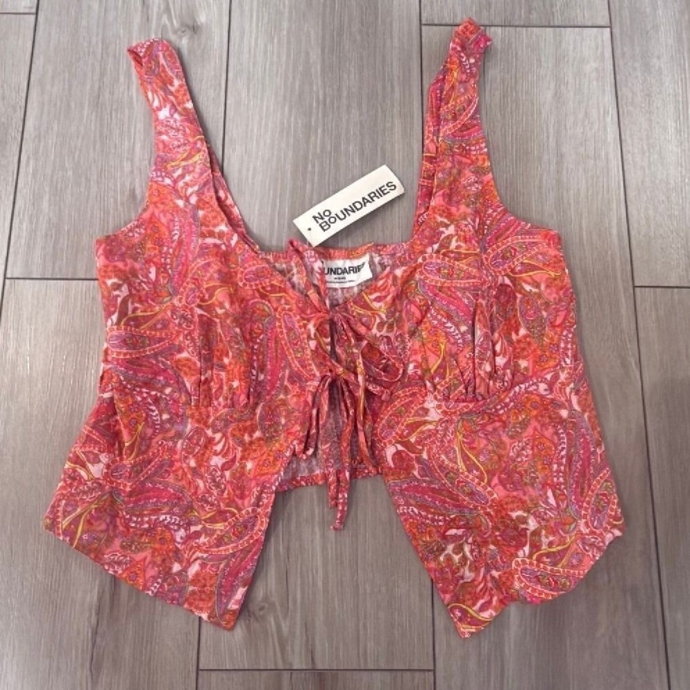No Boundaries Floral Tie Front Handkerchief Tank Top Pink Orange Medium NWT